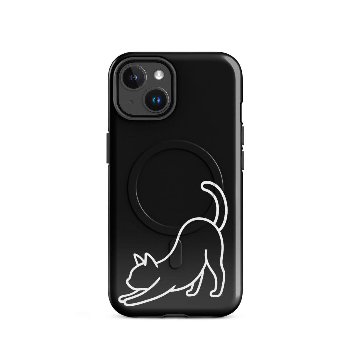 Magnetic Phone Case for iPhone with minimalist stretching cat design in black and white, offering impact protection and sleek aesthetics.