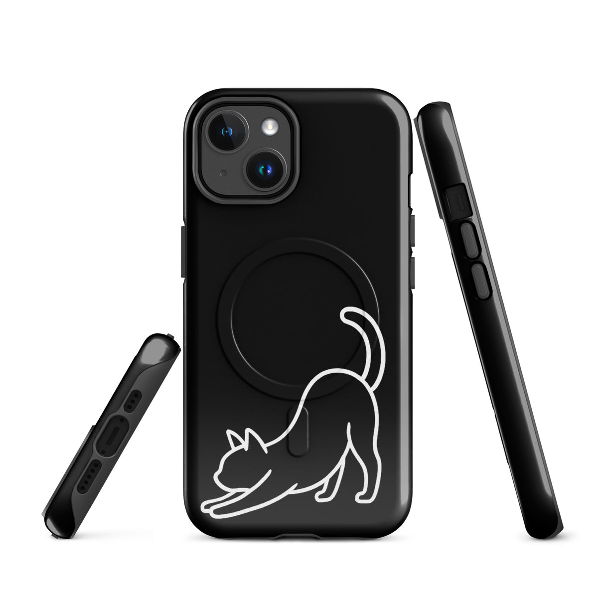 Magnetic Phone Case with minimalist stretching cat design in black, perfect for iPhone, offering protection and style for cat lovers.