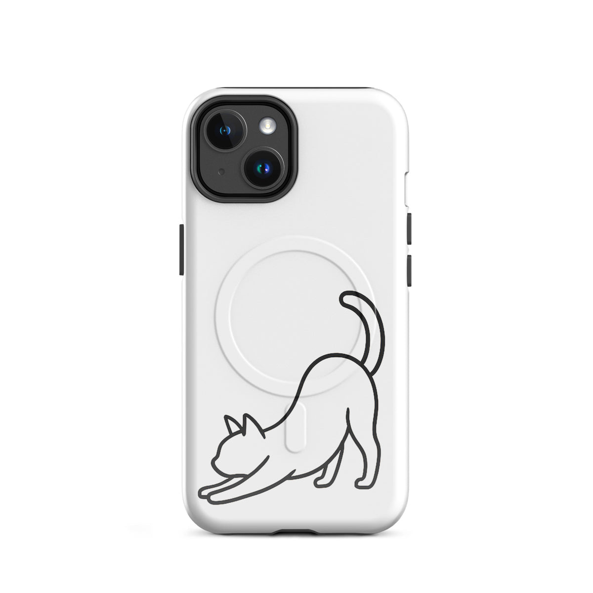 Magnetic Phone Case with minimalist stretching cat design in white and black, providing stylish and durable protection for iPhone.