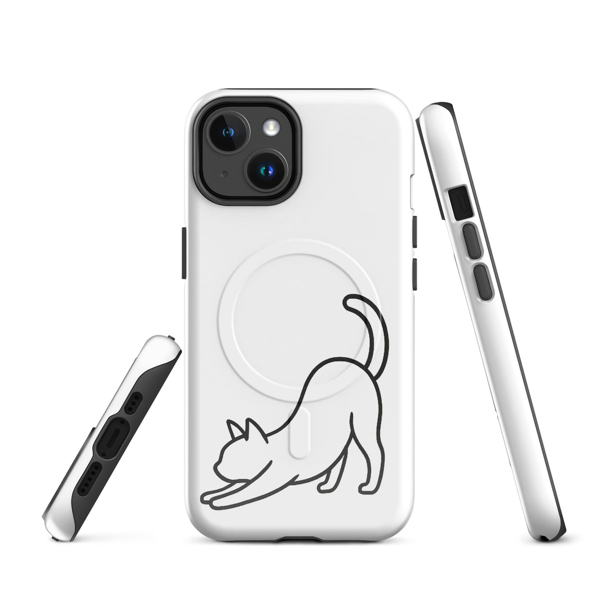 Magnetic Phone Case with minimalist stretching cat design, white black, protective feline aesthetic for iPhone