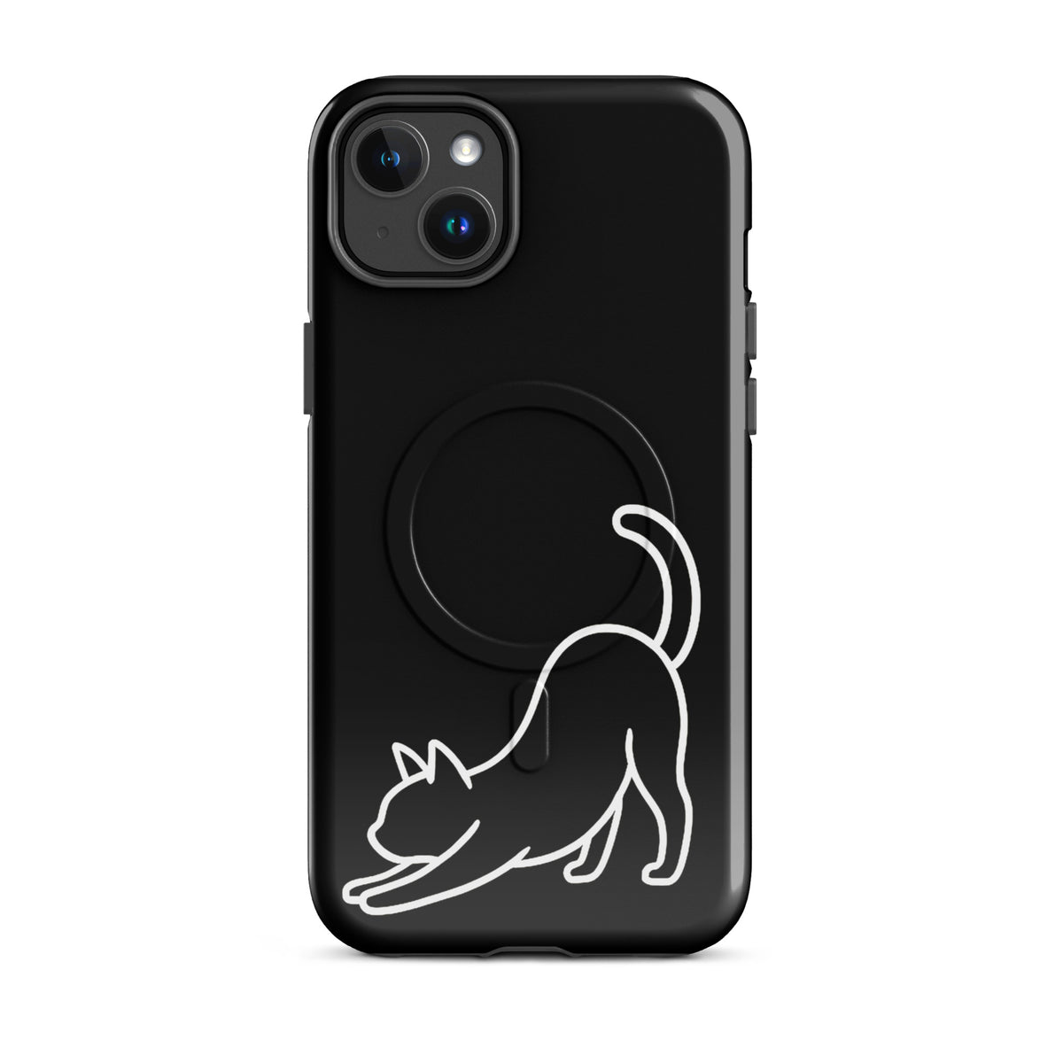 Black and white Magnetic Phone Case featuring minimalist stretching cat design for iPhone.