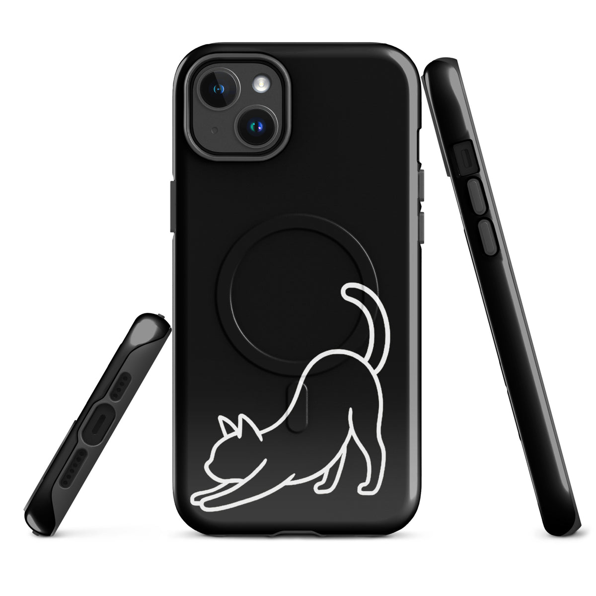 Magnetic Phone Case with minimalist stretching cat design on black background for iPhone, offering sleek style and impact protection.
