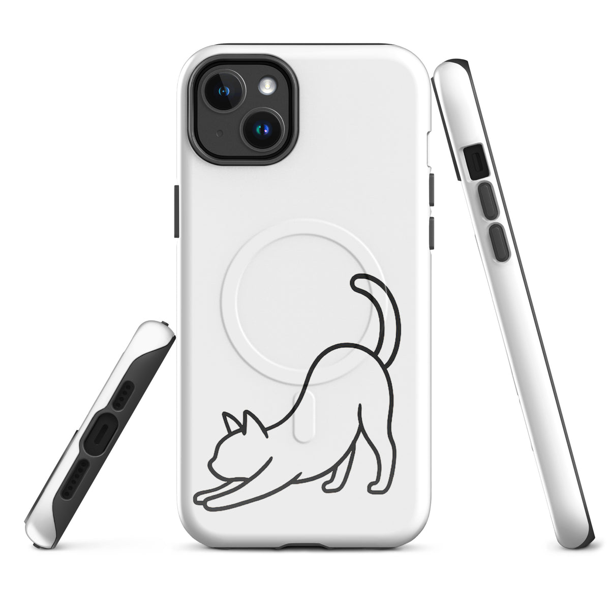 Magnetic Phone Case with minimalist stretching cat design in white and black. Offers impact protection and sleek aesthetic for iPhone.