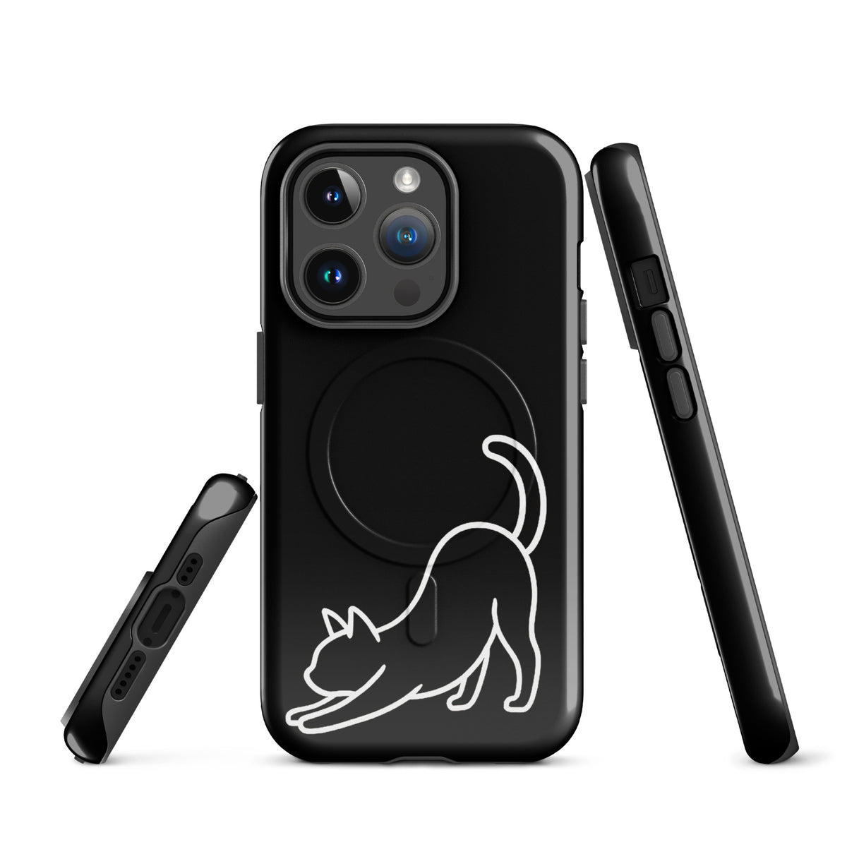 Magnetic Phone Case for iPhone with minimalist stretching cat design in black and white, offering style and protection.