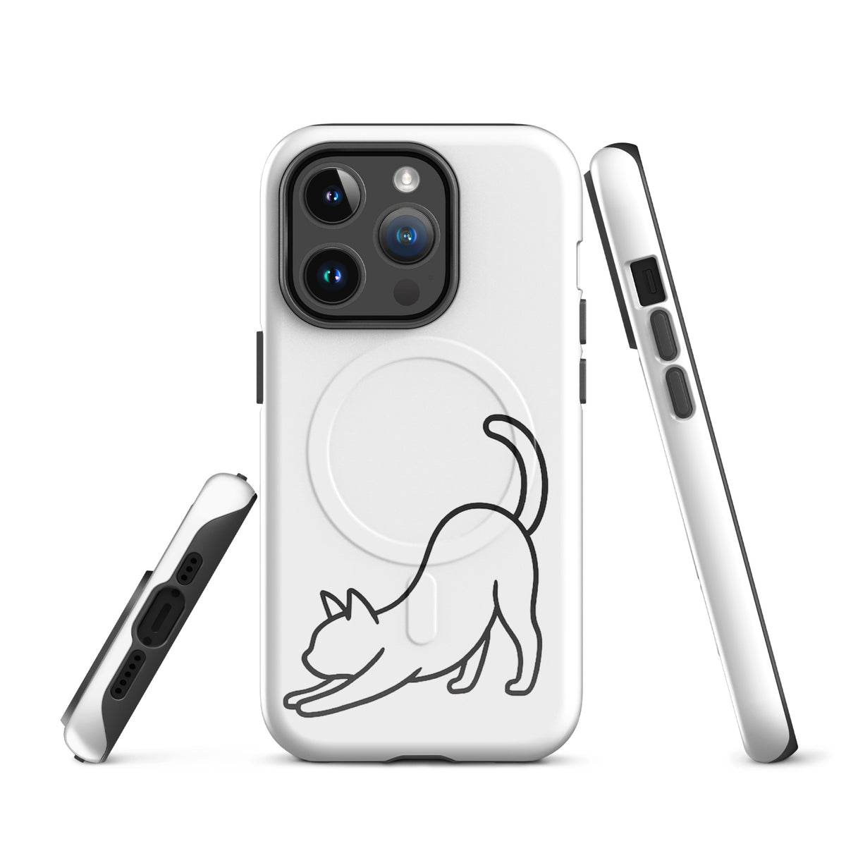 Magnetic Phone Case with minimalist stretching cat design for iPhone in white, black. Impact protection for cat lovers.