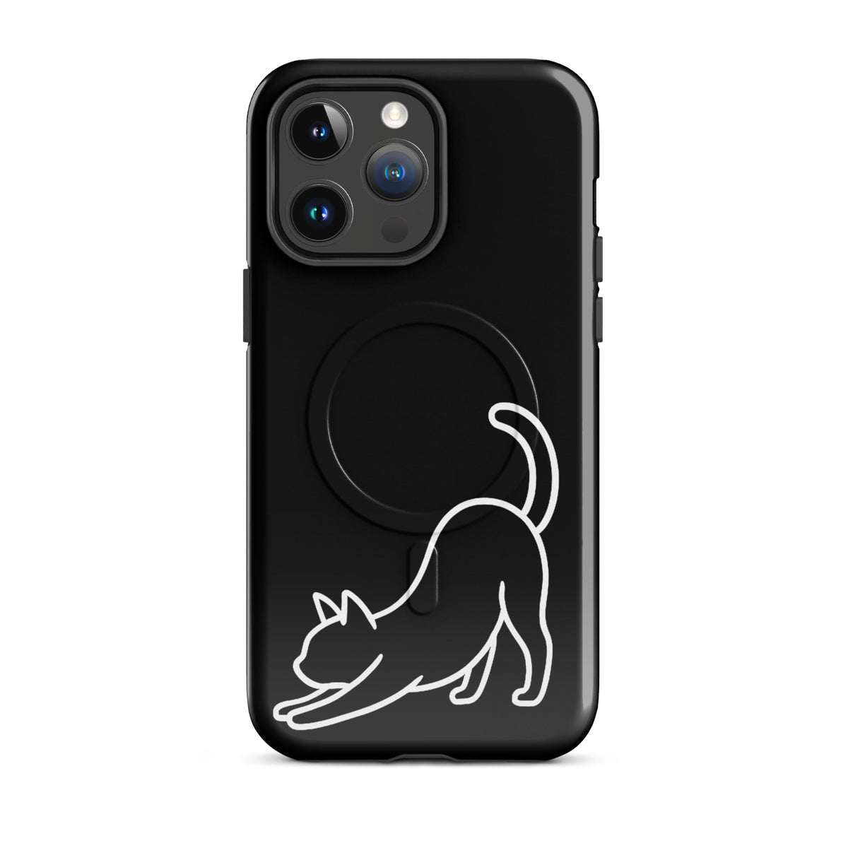 Black Magnetic Phone Case for iPhone with white minimalist stretching cat design, offering stylish protection for cat lovers.