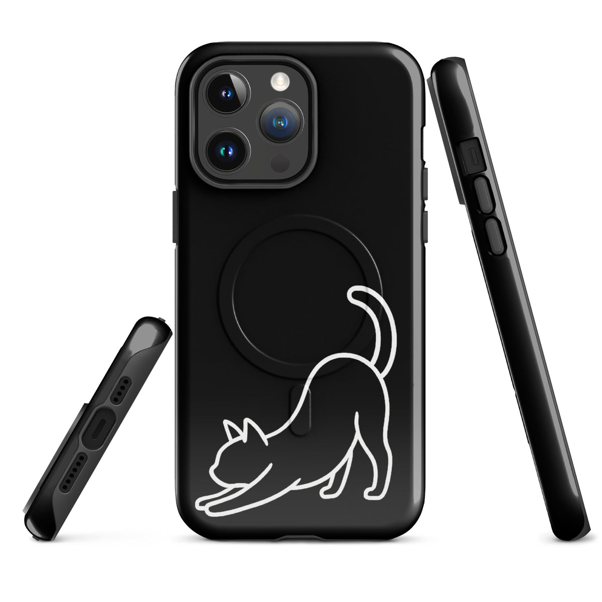 Magnetic Phone Case for iPhone with minimalist stretching cat design in black and white, combining style with strong impact protection.