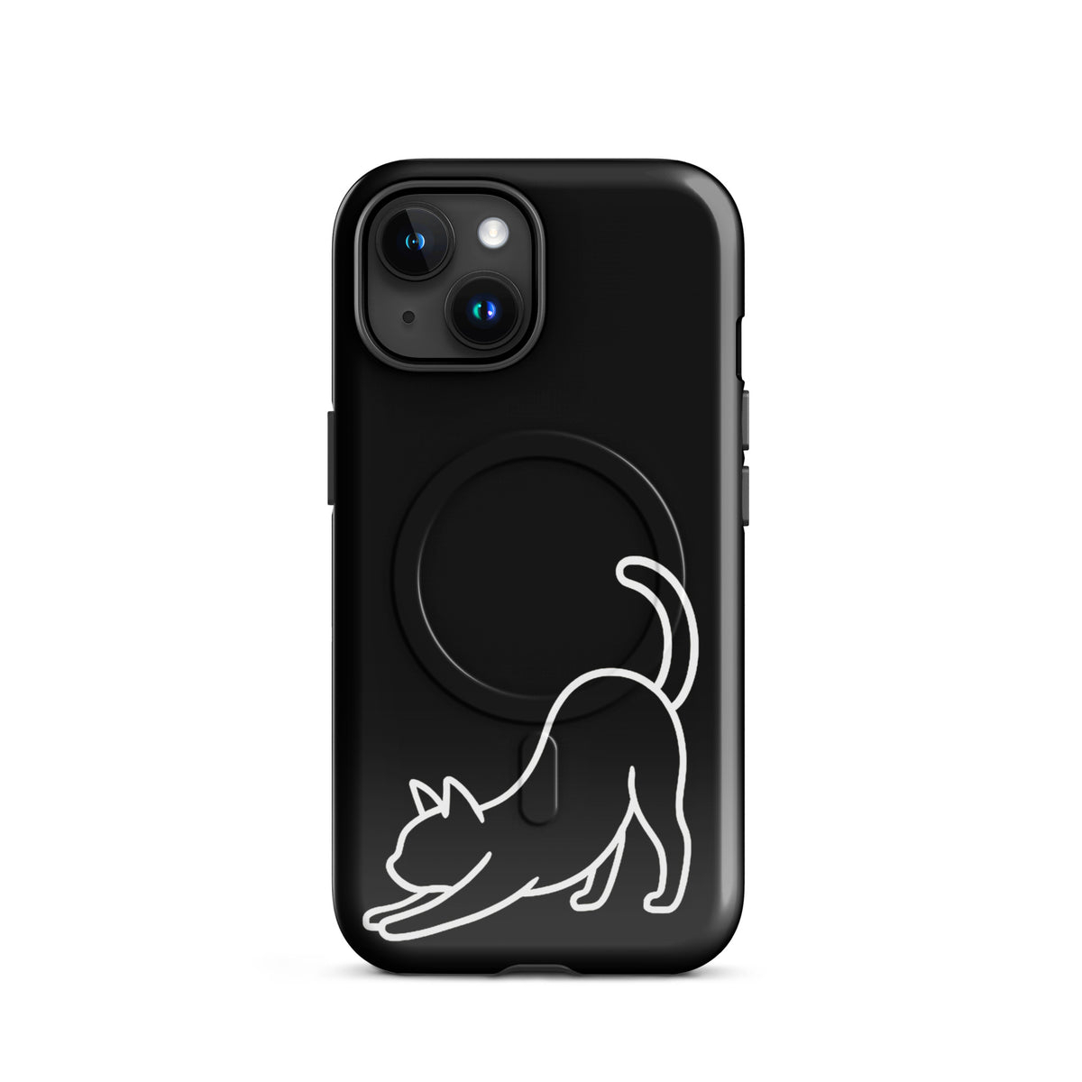 Magnetic Phone Case with minimalist stretching cat design, black and white, impact protection for iPhone