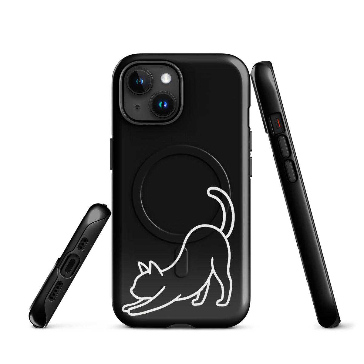 Magnetic Phone Case with minimalist stretching cat design for iPhone in black and white, offering sleek aesthetics and impact protection.