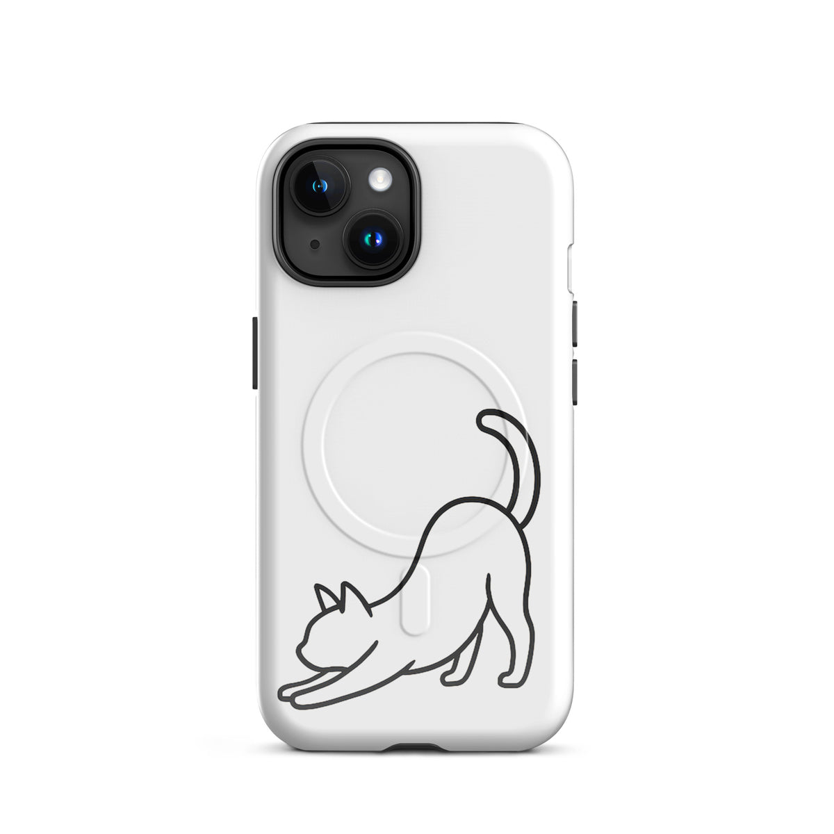 Magnetic Phone Case featuring minimalist stretching cat design in white and black, offers aesthetic flair and protection for iPhones.