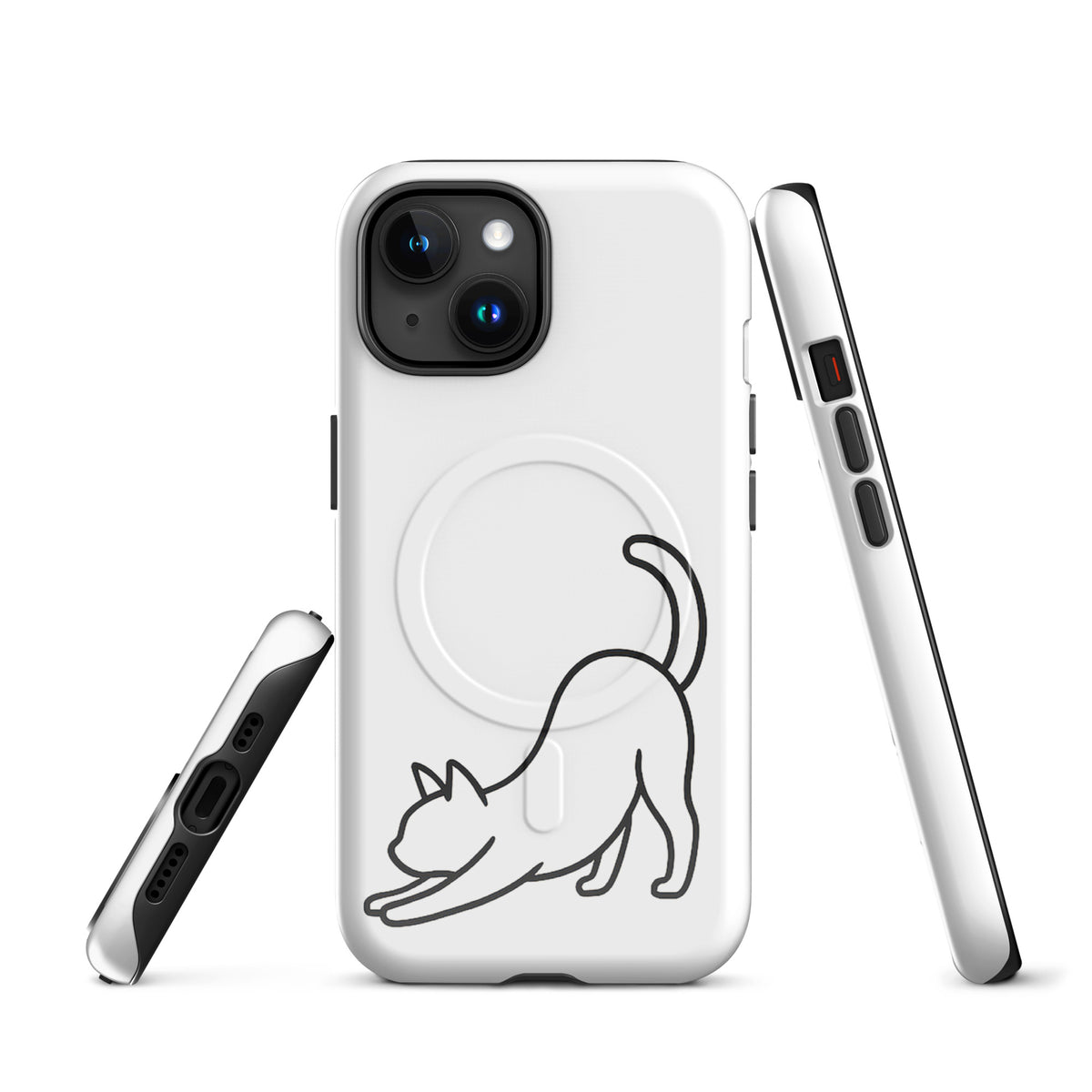 Magnetic Phone Case with minimalist stretching cat design, white and black, for iPhone. Stylish protection for cat lovers.