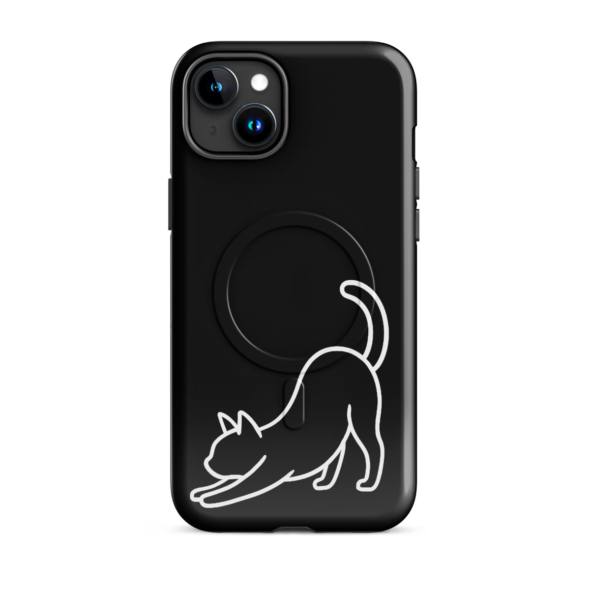 Magnetic Phone Case for iPhone with minimalist stretching cat design in black and white, offering sleek style and impact protection.