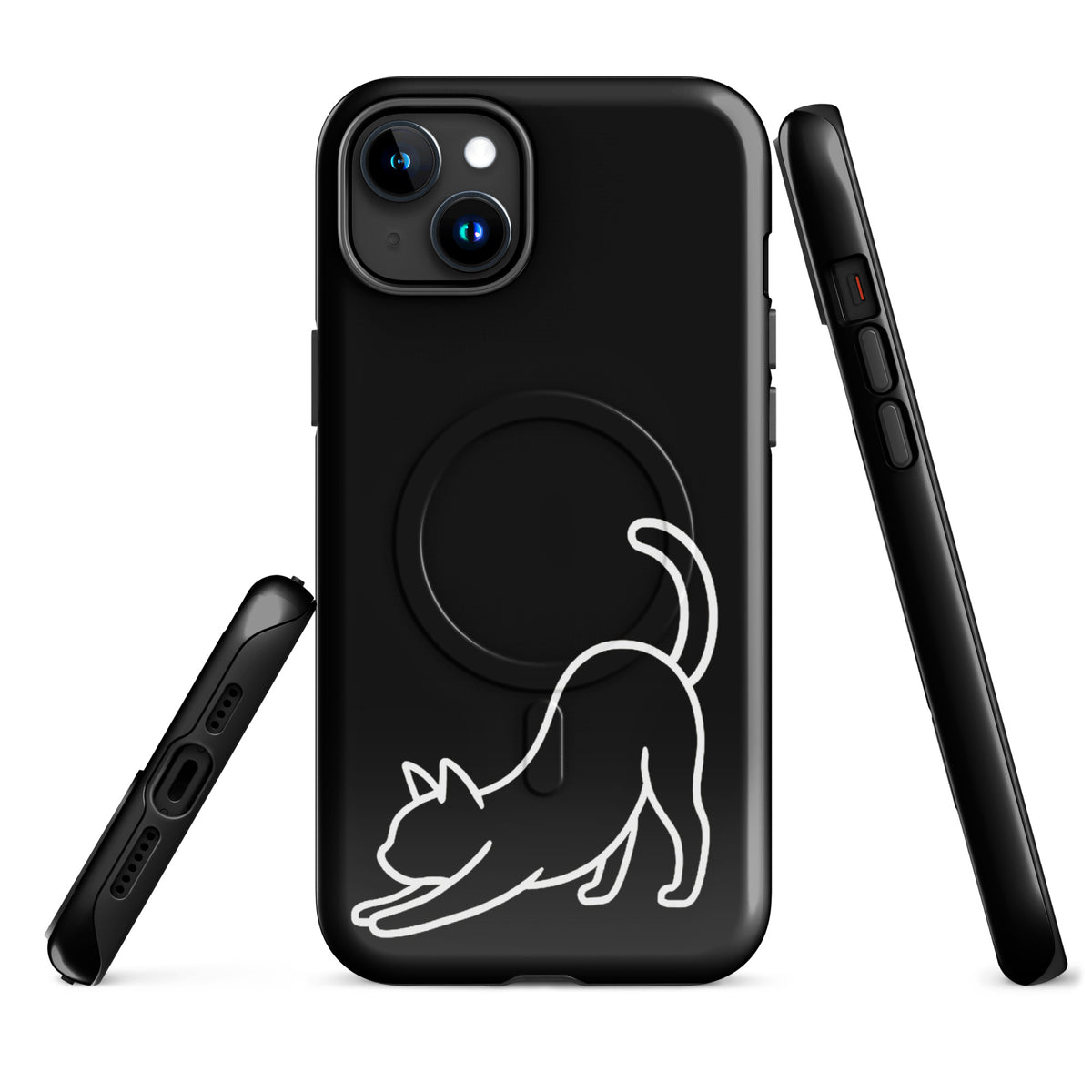 Magnetic Phone Case with minimalist stretching cat design in black and white for iPhone.