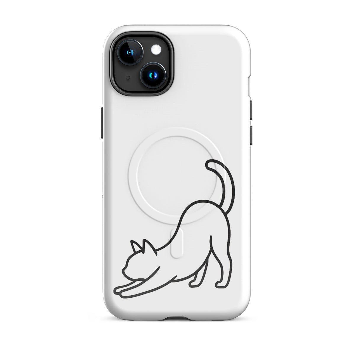 Magnetic Phone Case for iPhone with a minimalist stretching cat design in white and black, offering stylish impact protection.
