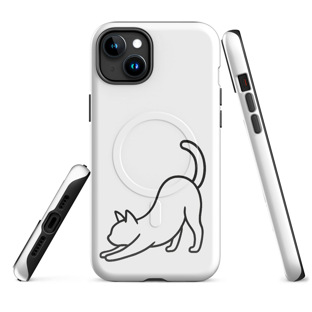 Magnetic Phone Case with minimalist stretching cat design for iPhone in white and black, offering stylish impact protection for cat lovers.