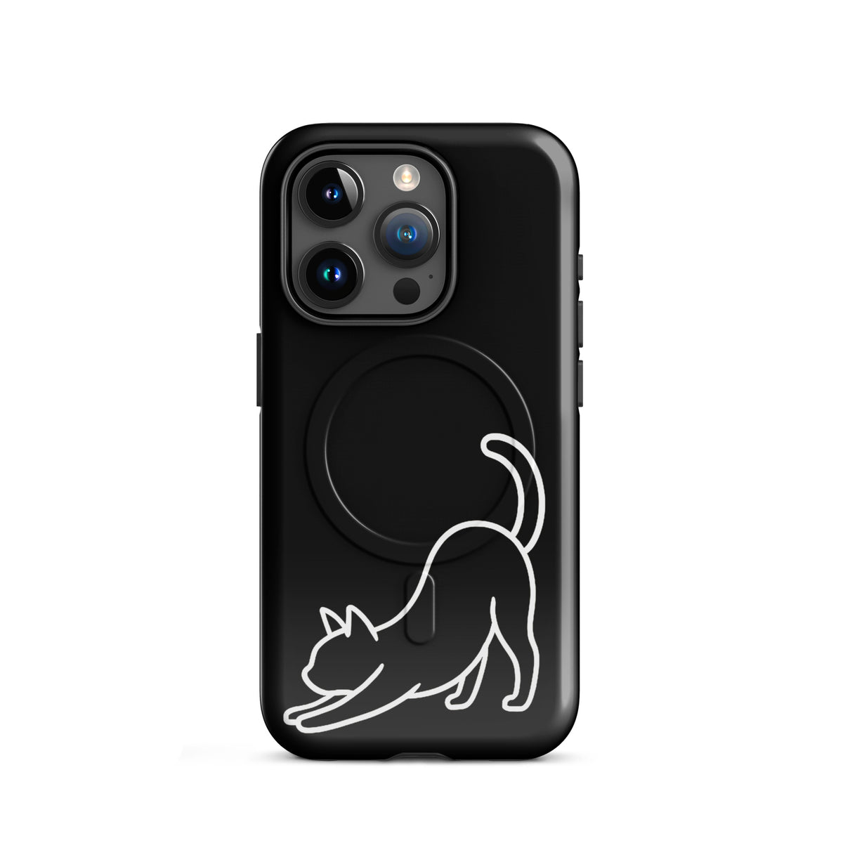 Magnetic Phone Case for iPhone with minimalist stretching cat design in black, offering impact protection and feline aesthetics.