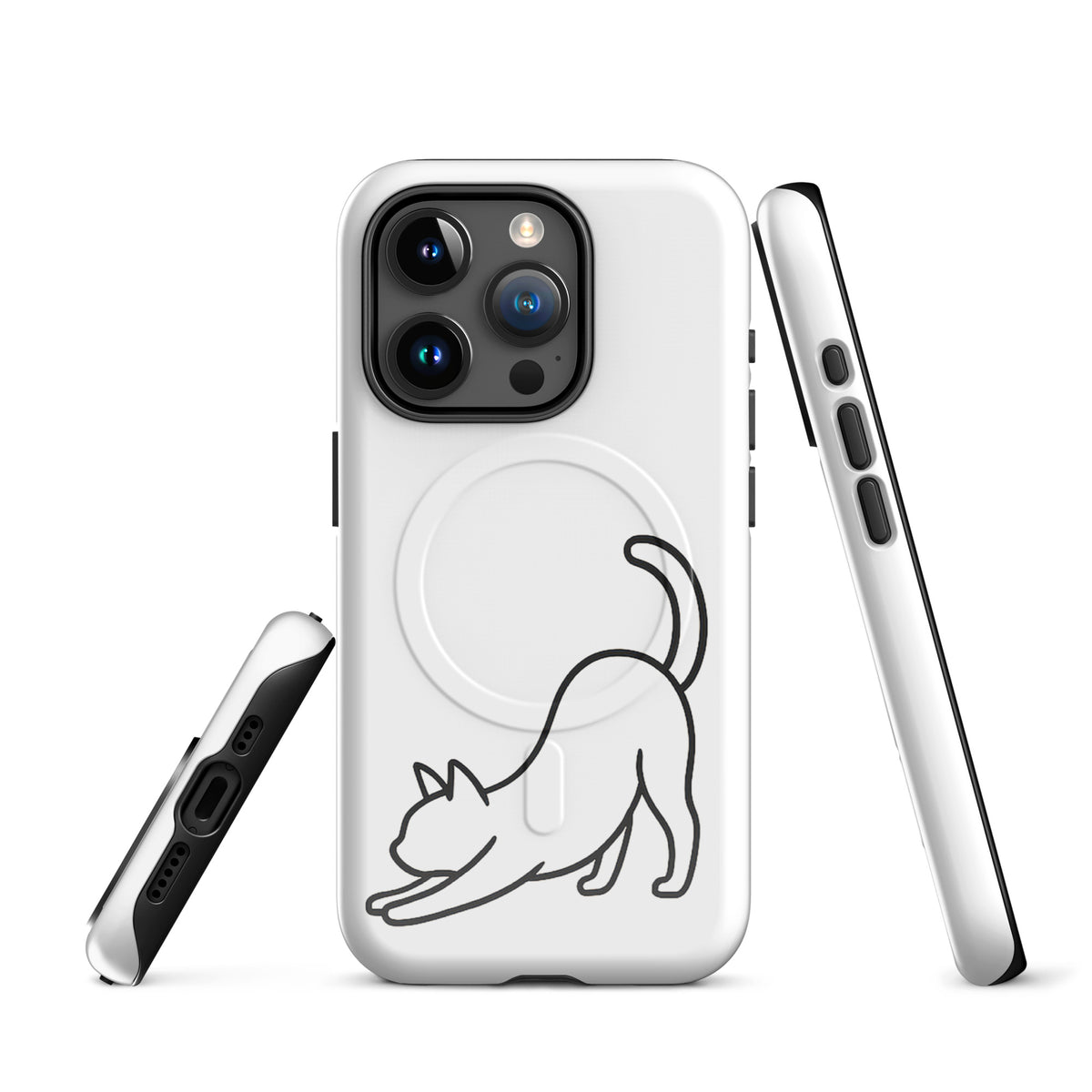 Magnetic Phone Case with minimalist stretching cat design in black and white for iPhone, showcasing feline aesthetics and impact protection.