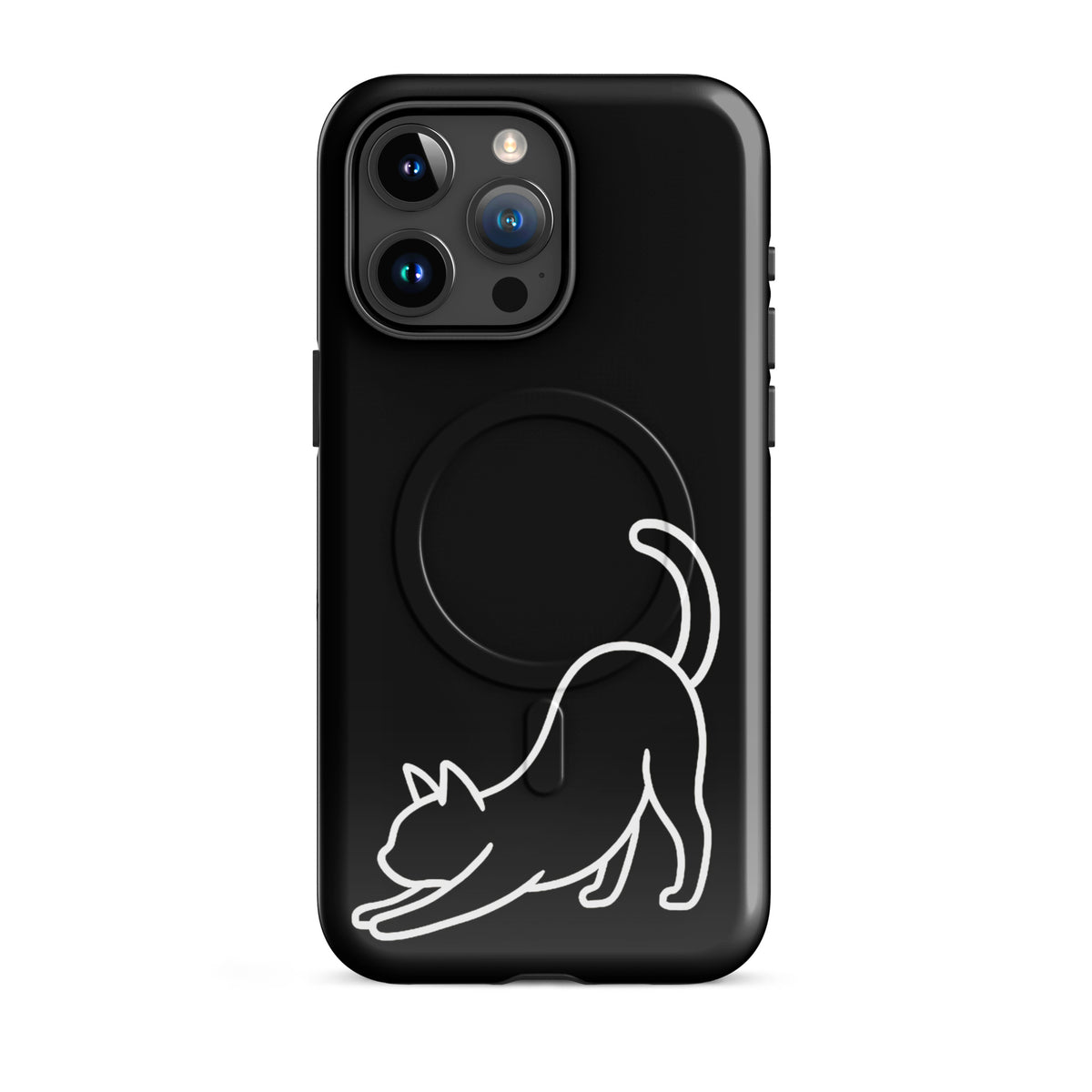 Magnetic Phone Case with minimalist stretching cat design in black and white for iPhone, offering sleek protection and feline aesthetics.
