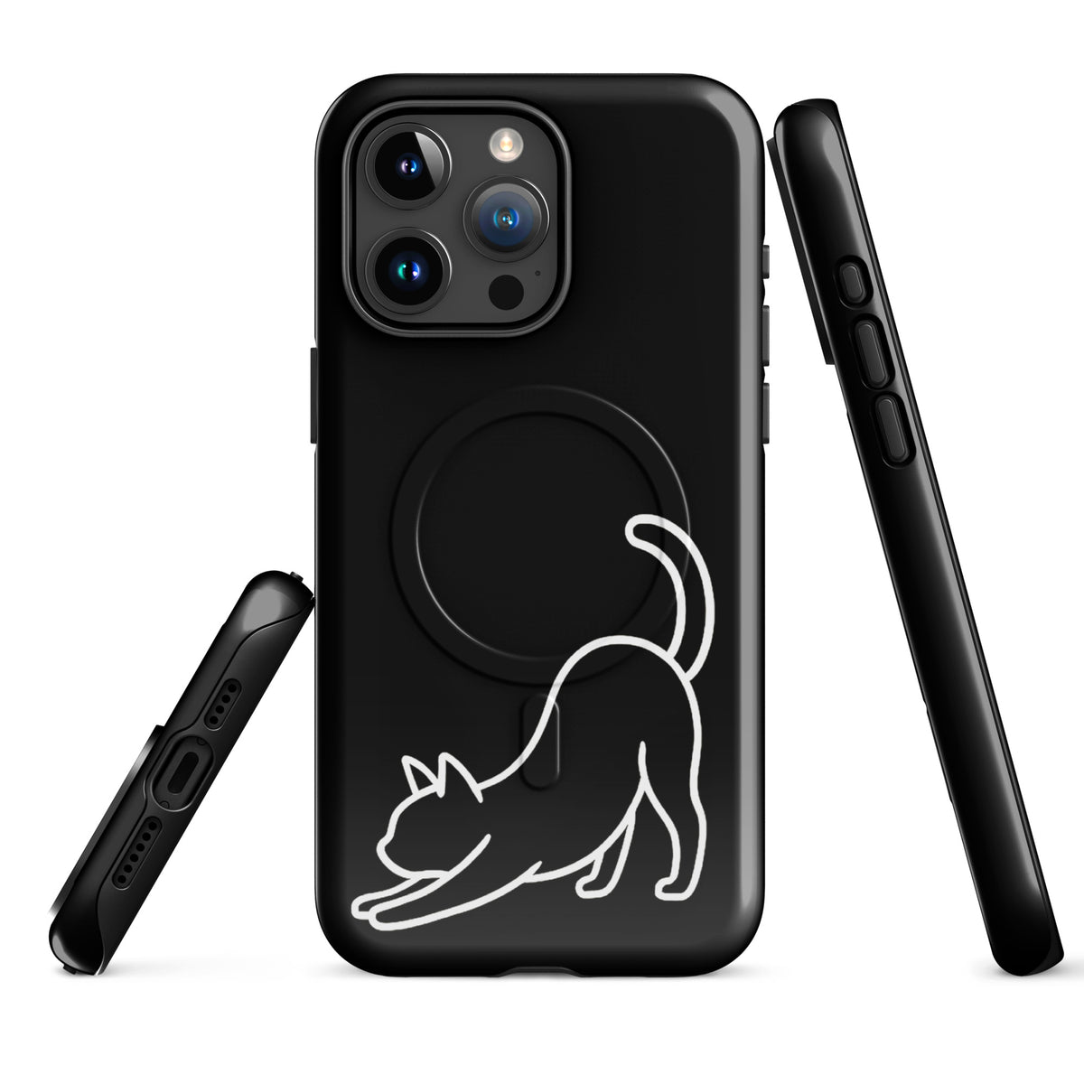 Magnetic Phone Case for iPhone with minimalist stretching cat design in black and white, providing stylish protection for cat lovers.