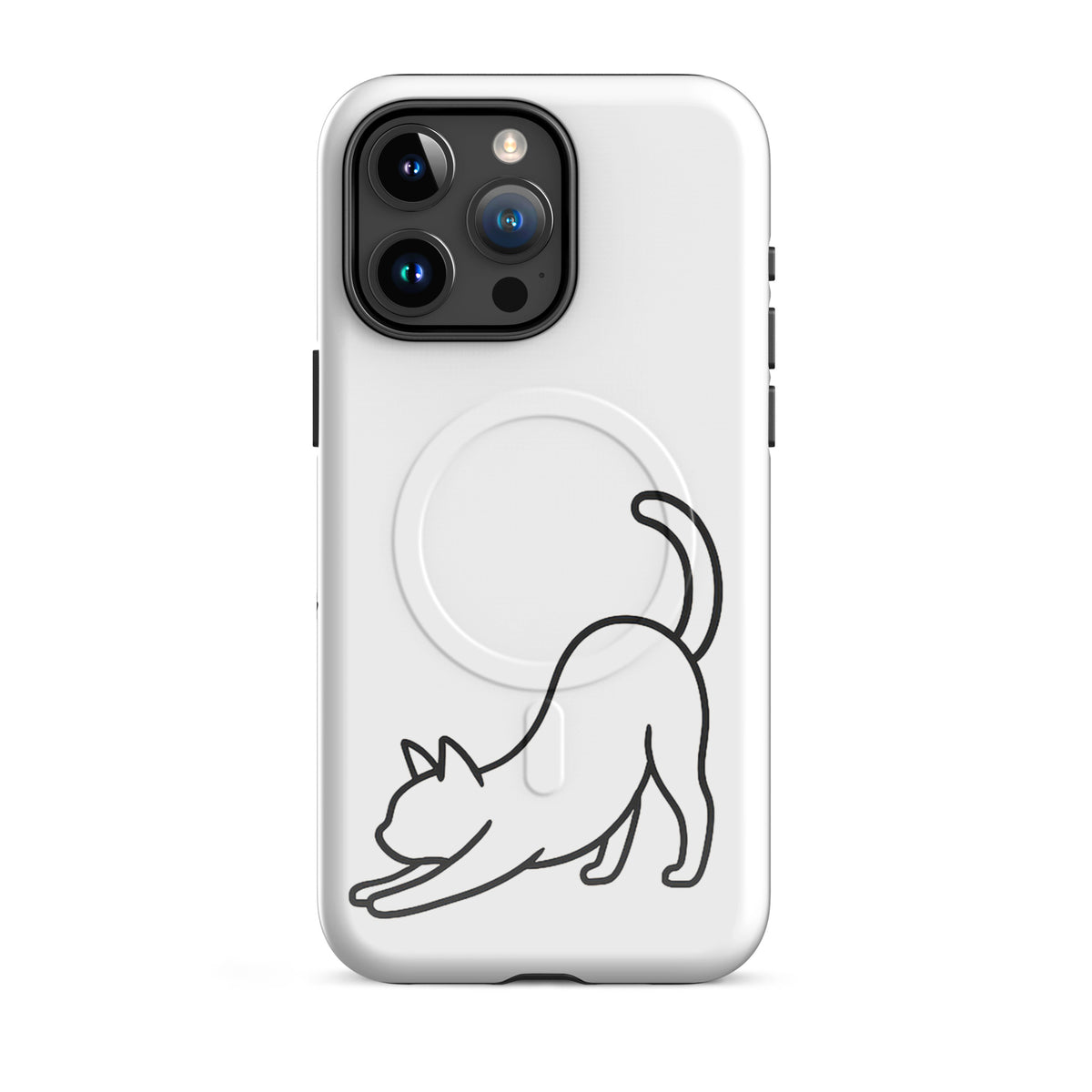 Magnetic Phone Case with minimalist stretching cat design in white for iPhone, offering sleek aesthetics and impact protection.