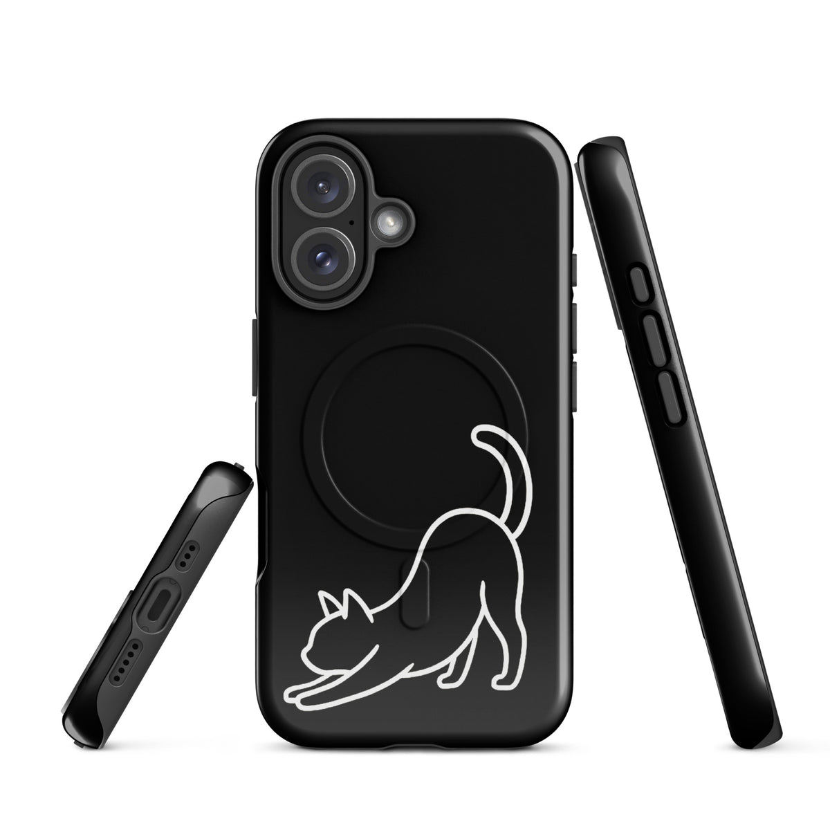 Black Magnetic Phone Case with minimalist stretching cat design for iPhone, offering protection and sleek aesthetics.