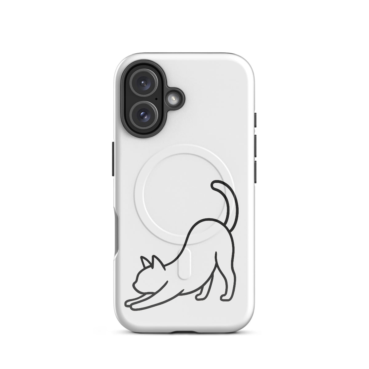 Magnetic Phone Case for iPhone featuring minimalist stretching cat design in white and black, offering stylish and durable protection.