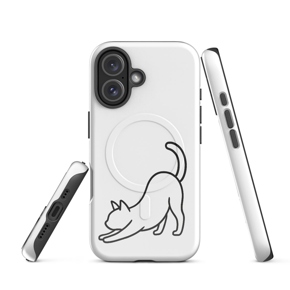 Magnetic Phone Case for iPhone with minimalist stretching cat design in white and black color, offering stylish protection for cat lovers.