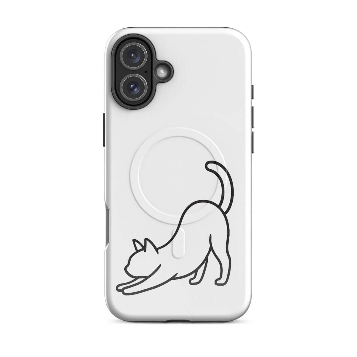 Magnetic Phone Case with minimalist stretching cat design in white and black for iPhone