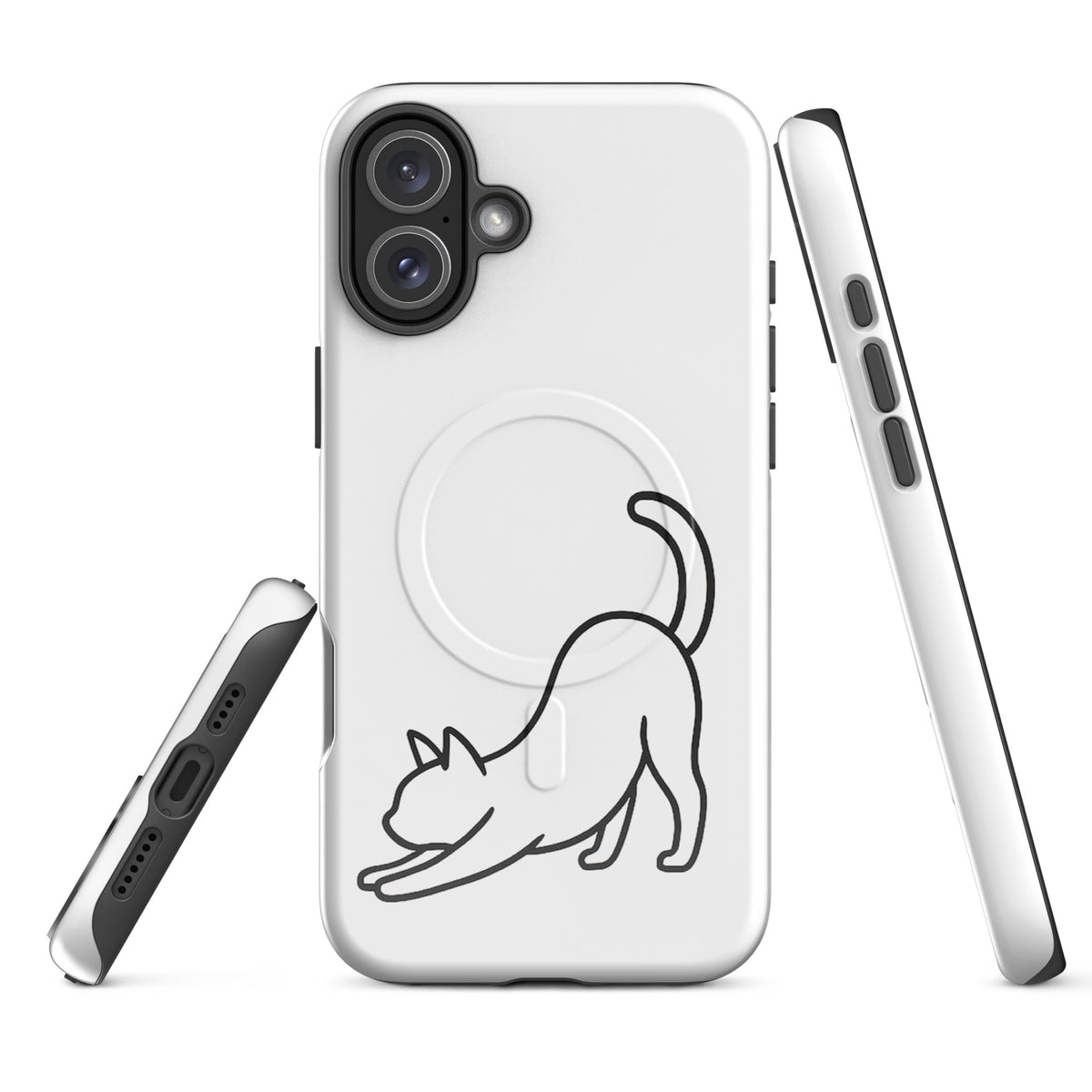 Magnetic Phone Case for iPhone featuring minimalist stretching cat design in black on white background.