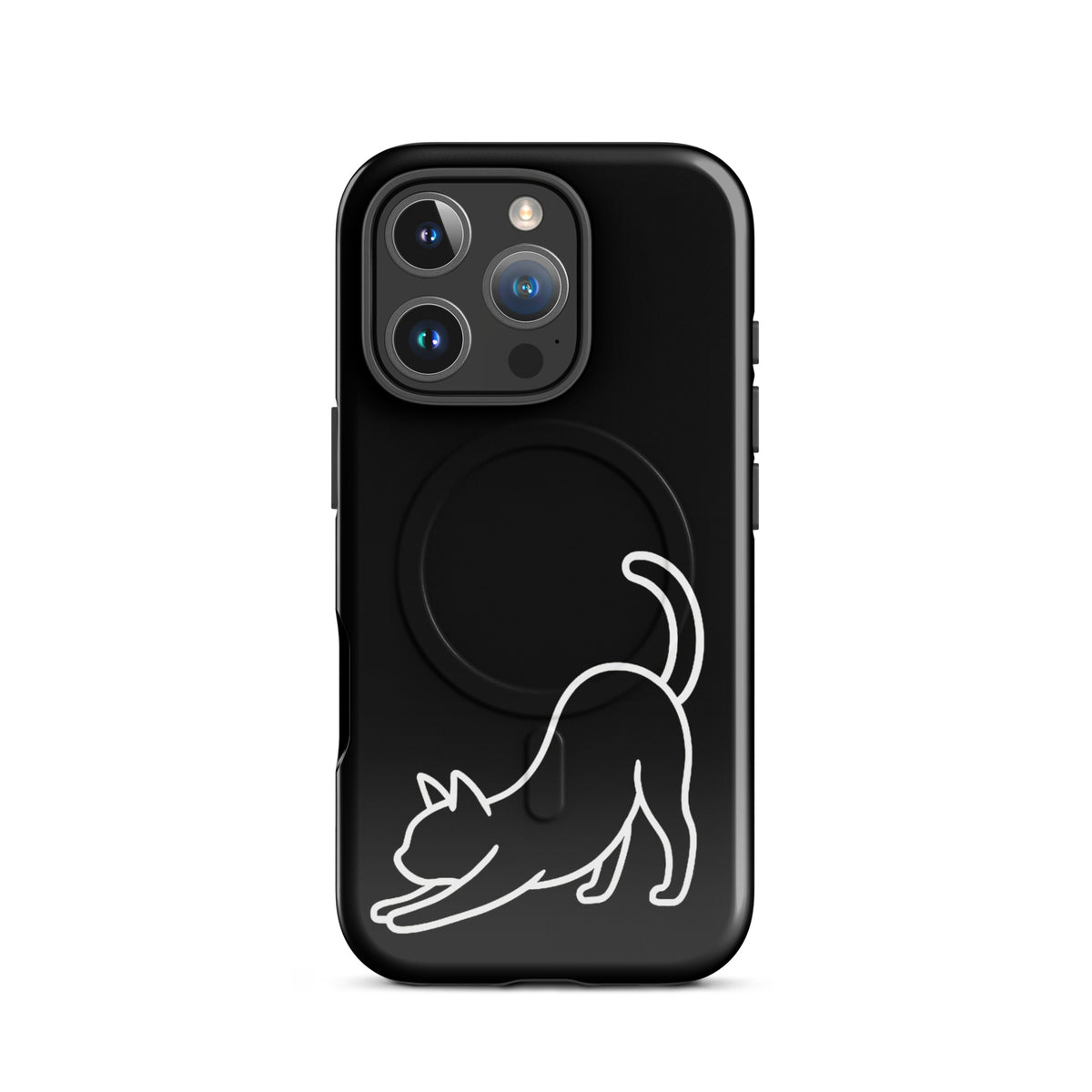 Magnetic Phone Case for iPhone featuring minimalist black and white stretching cat design, offering stylish protection for cat lovers.