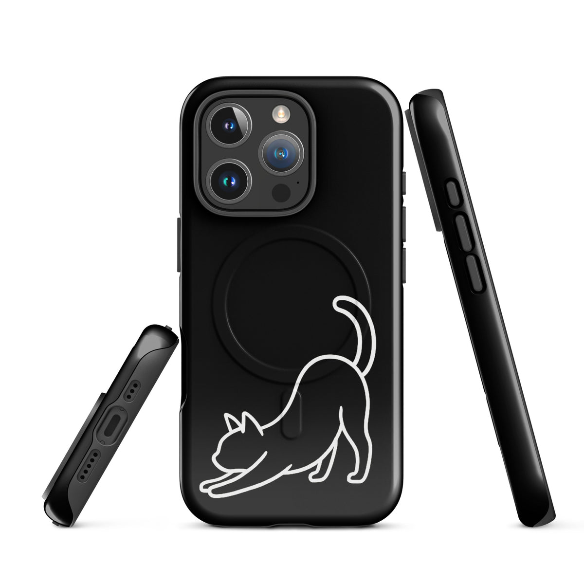 Magnetic Phone Case for iPhone with minimalist stretching cat design in black and white for optimal device protection.