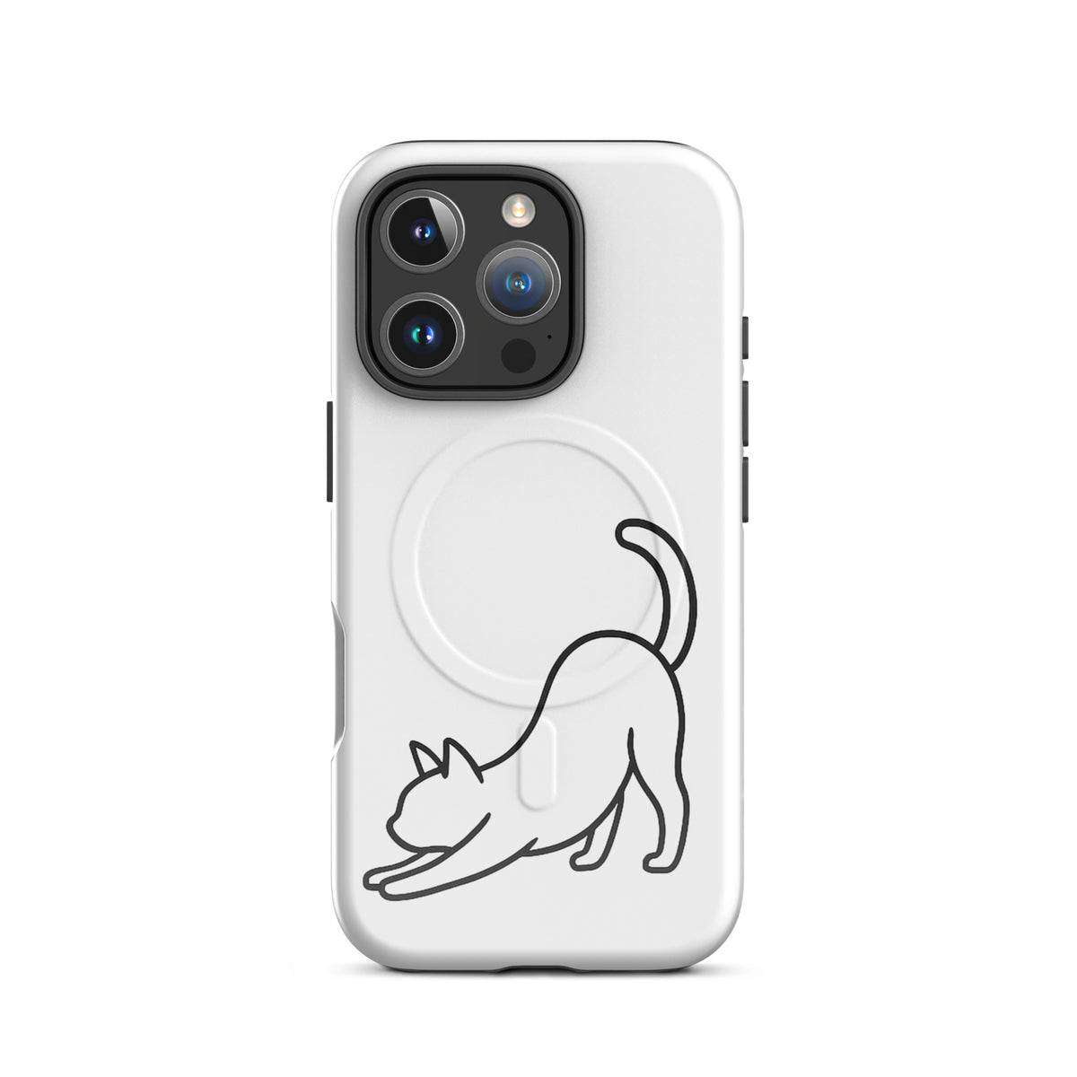 Magnetic Phone Case with minimalist stretching cat design for iPhone in white and black, offering sleek aesthetics and sturdy protection.