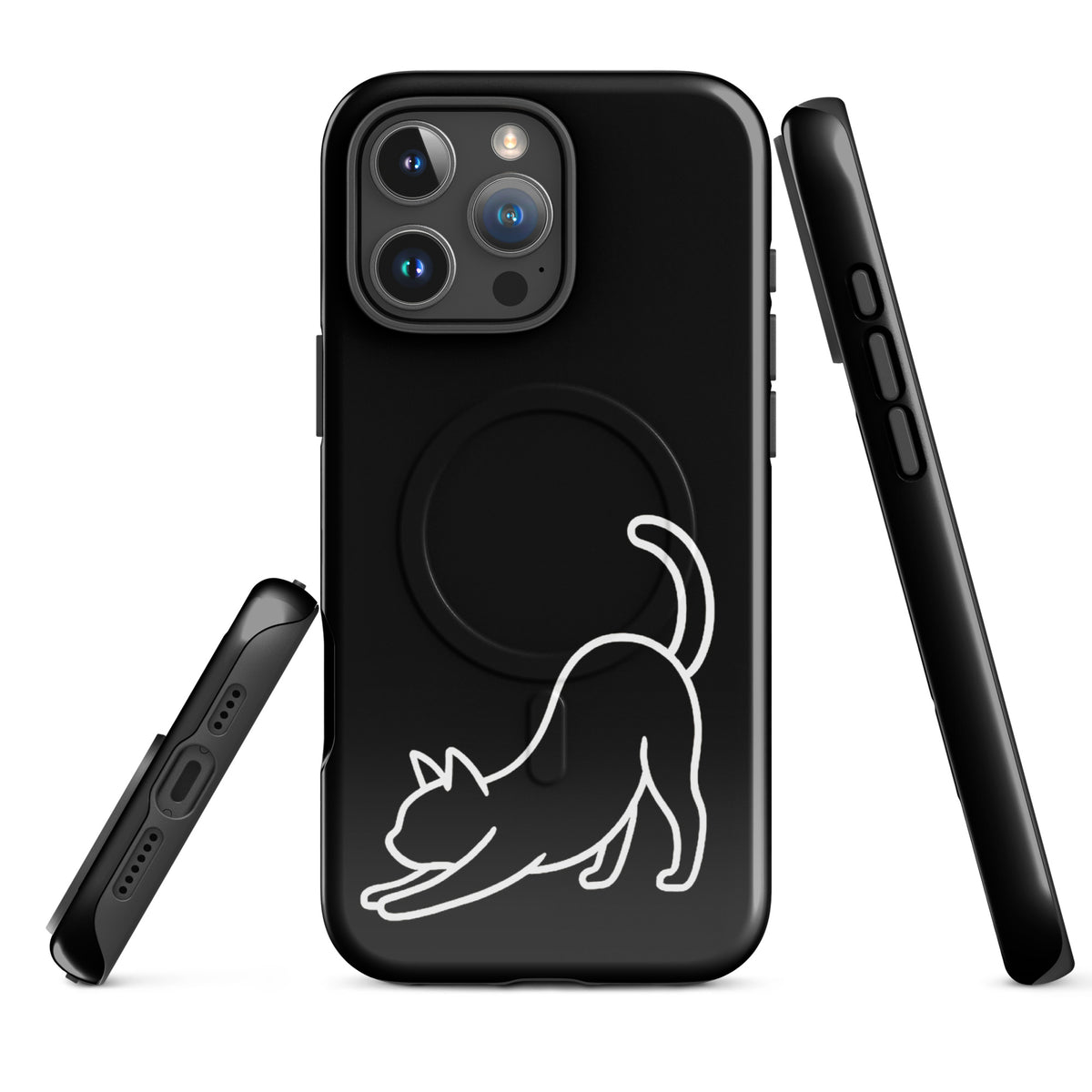 Magnetic Phone Case with minimalist stretching cat design in black for iPhone, offering sleek aesthetics and strong protection.