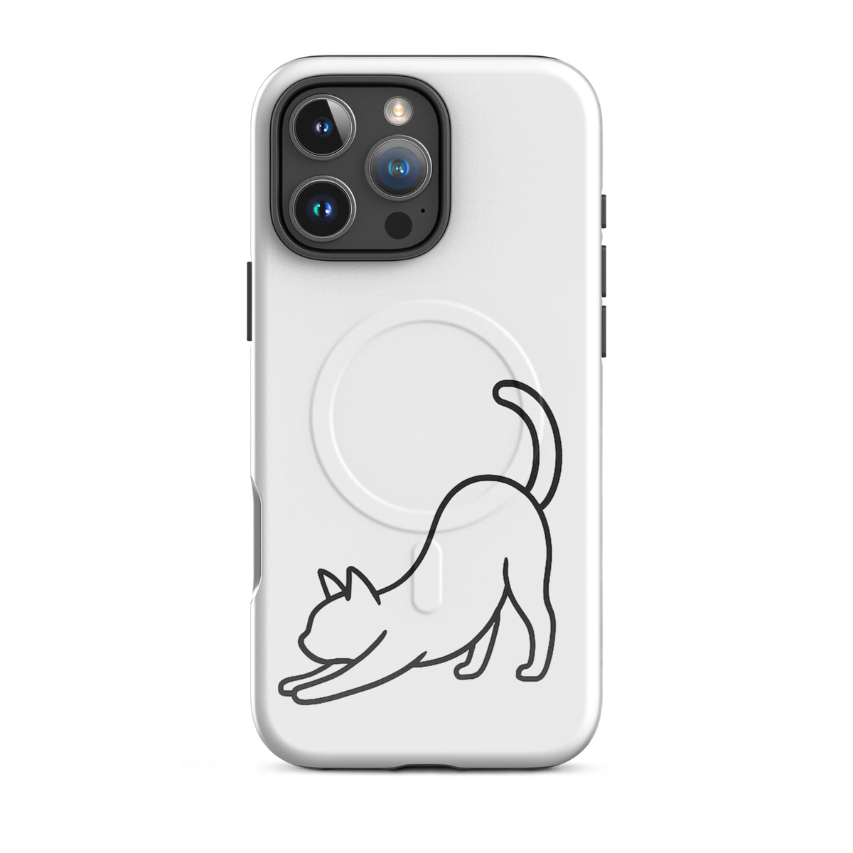 Magnetic Phone Case for iPhone with minimalist stretching cat design in black and white for impact protection.