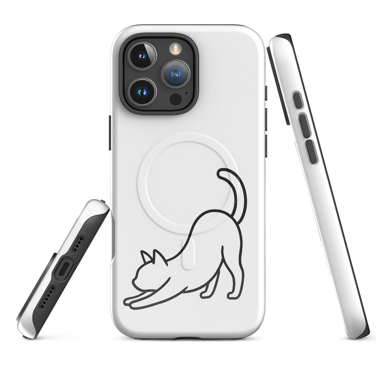 Magnetic Phone Case for iPhone with minimalist stretching cat design in white and black, offering sleek aesthetics and impact protection.