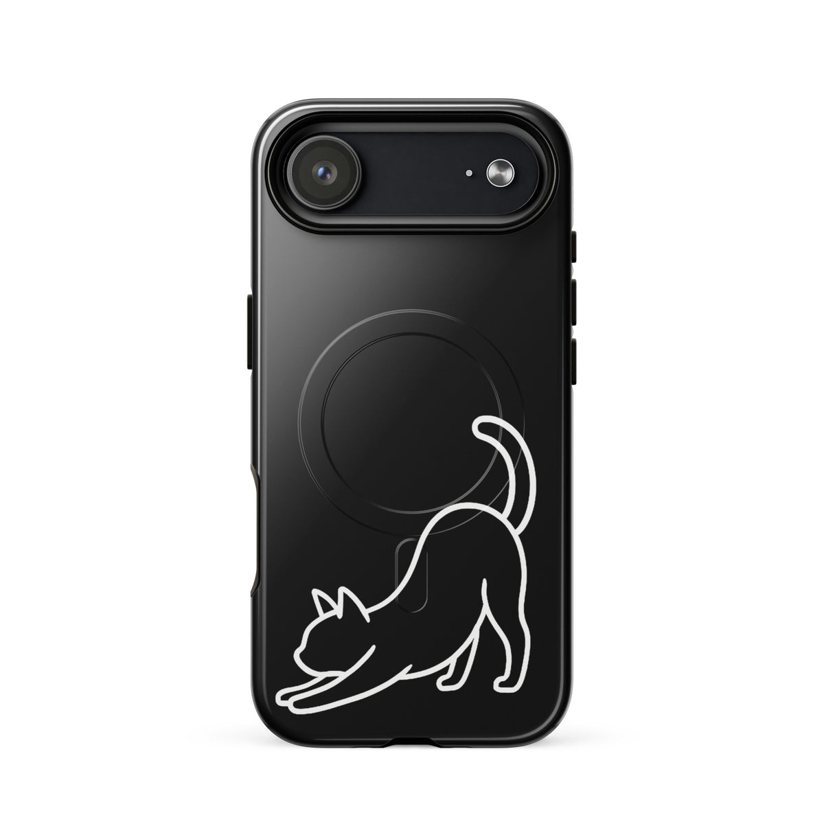 Magnetic Phone Case with minimalist stretching cat design in black and white for iPhone, providing stylish protection.