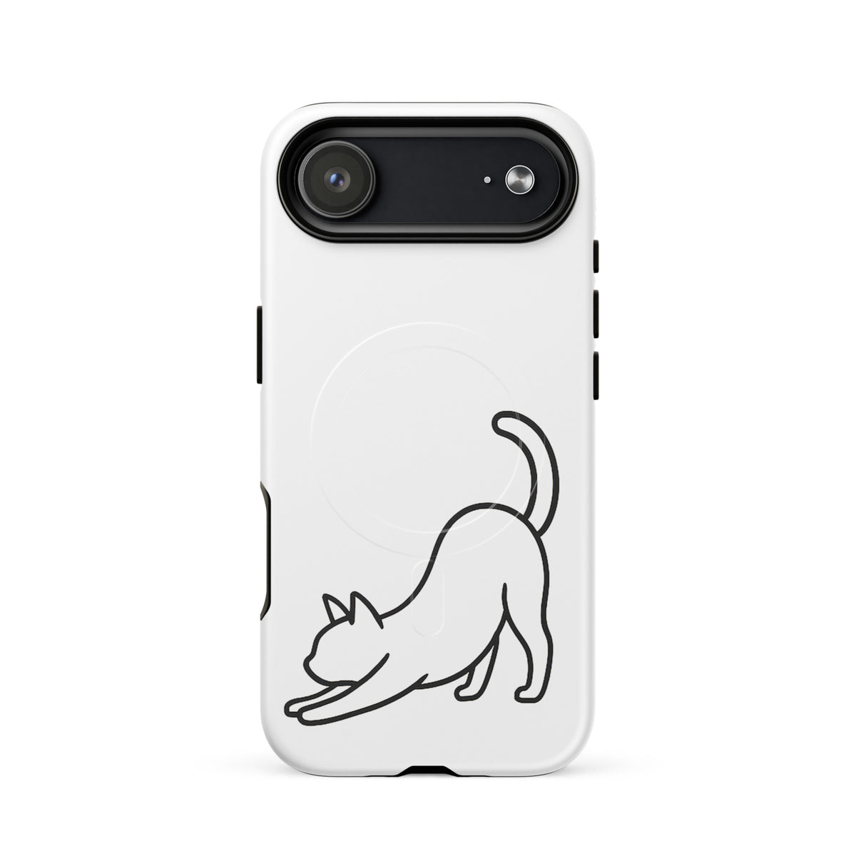 Magnetic Phone Case with minimalist cat design in stretching pose on white background for iPhone.