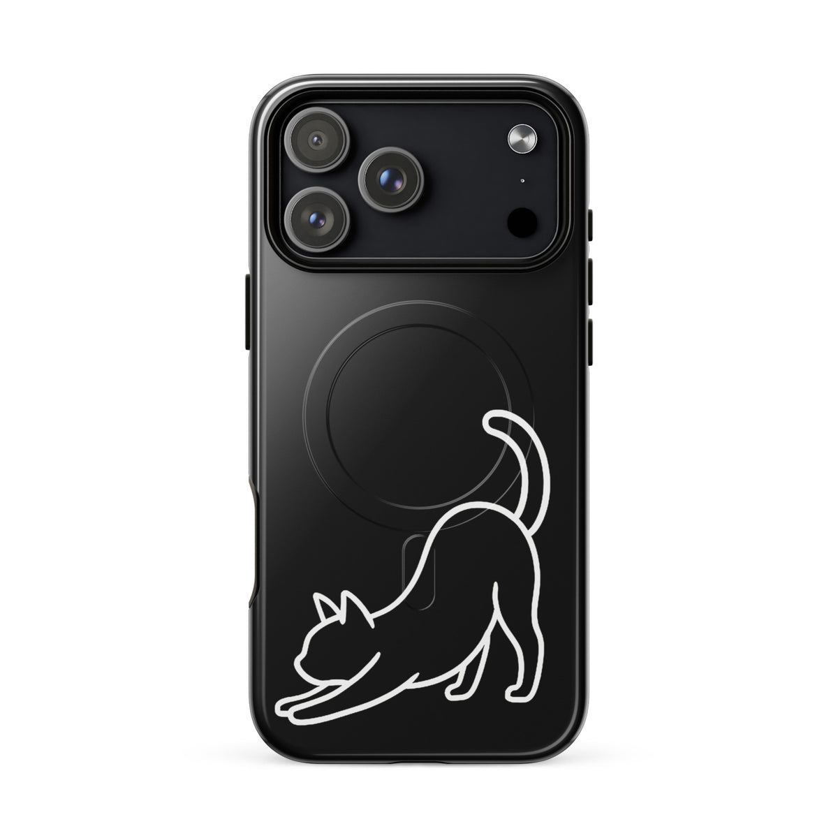 Magnetic Phone Case for iPhone with minimalist stretching cat design in black and white, offering stylish protection with feline aesthetics.