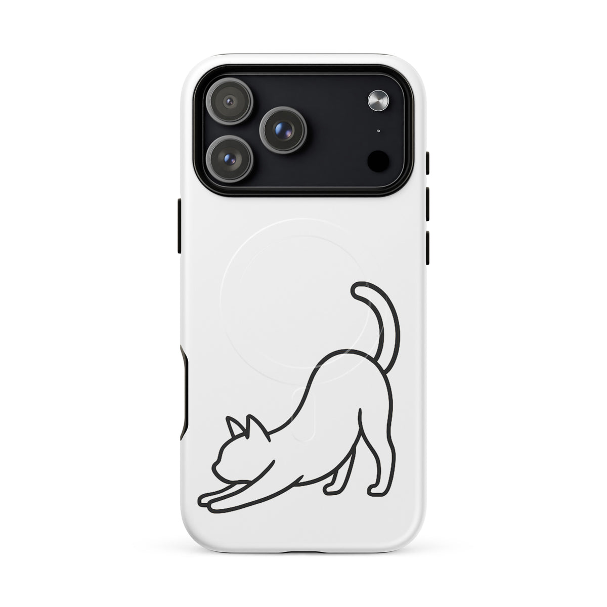 Magnetic Phone Case with minimalist stretching cat design, black and white, for iPhone, impact protection, cat lover accessory.