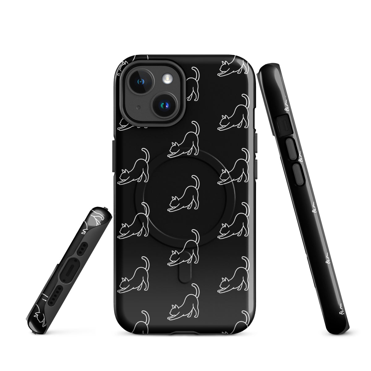 Magnetic Phone Case with minimalist stretching cat design for iPhone in black and white, offering stylish and protective functionality.