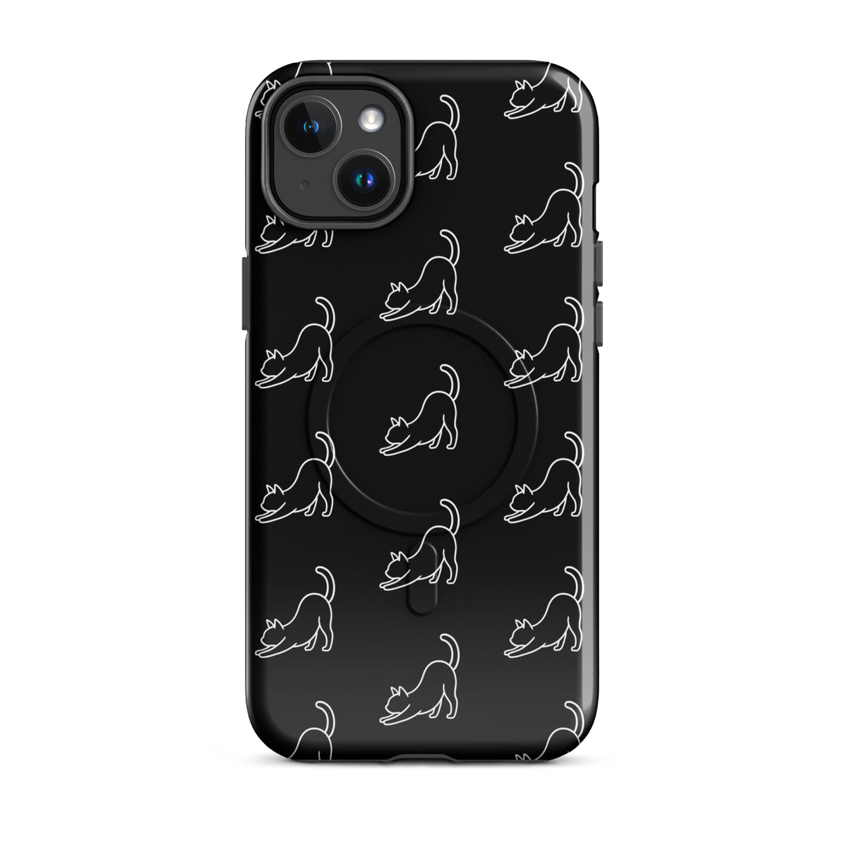Magnetic Phone Case with minimalist stretching cat pattern in black and white for iPhone, offering stylish protection for cat lovers.