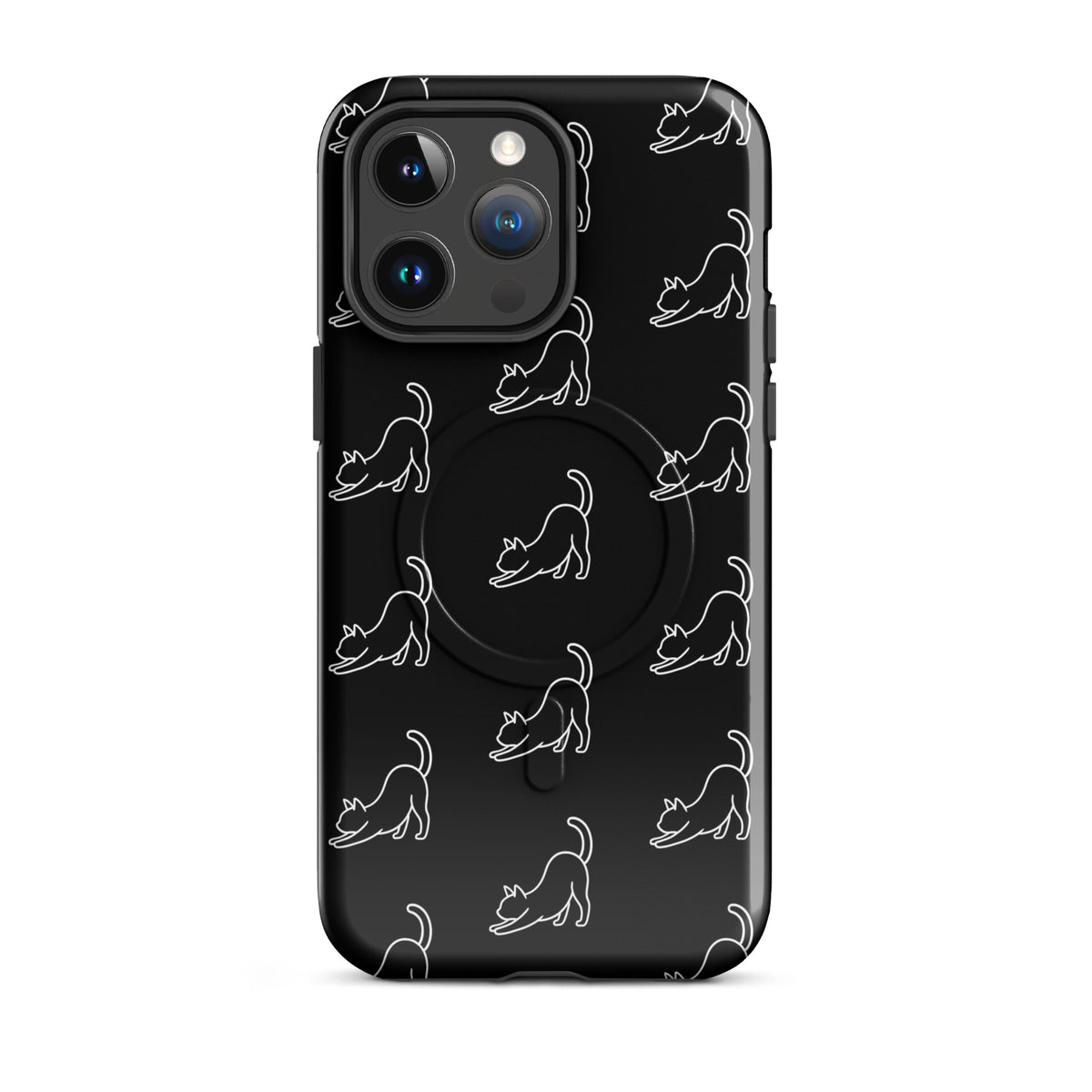 Magnetic Phone Case for iPhone with minimalist stretching cat pattern in black and white, designed for protection and style.
