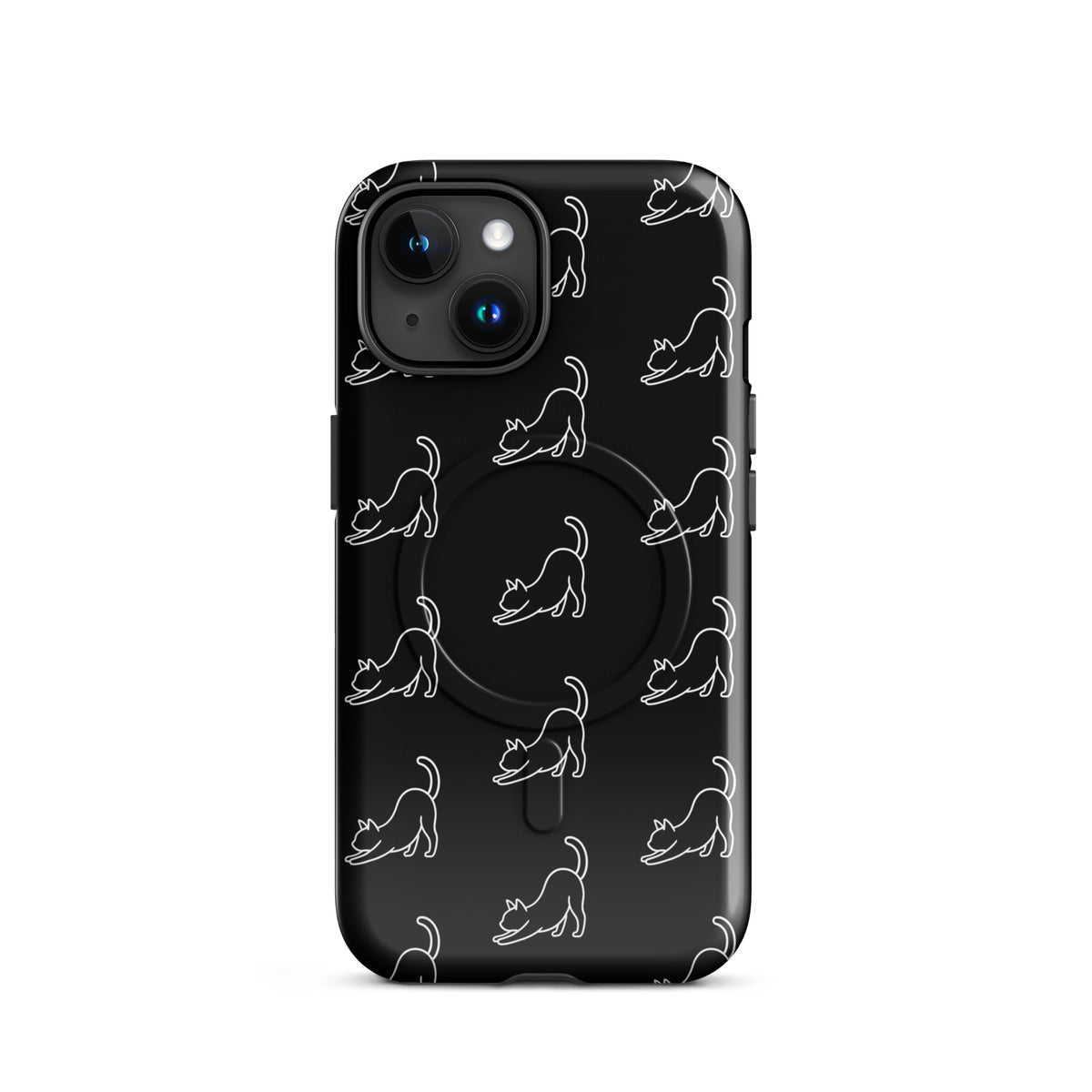 Magnetic Phone Case with minimalist stretching cat pattern in black and white, designed for iPhone. Perfect for modern cat lovers.