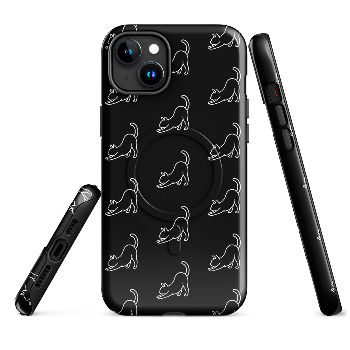 Magnetic Phone Case for iPhone with minimalist stretching cat pattern, black and white design, offering chic style and protection.