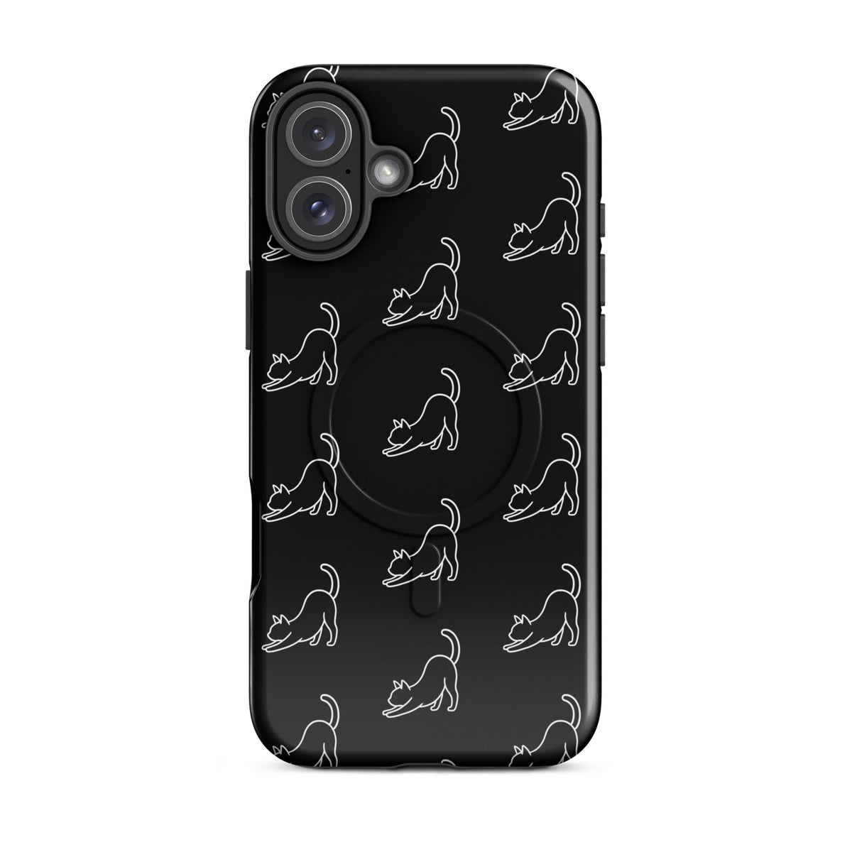 Magnetic Phone Case with minimalist stretching cat pattern in black and white, perfect for stylish protection and cat lovers.
