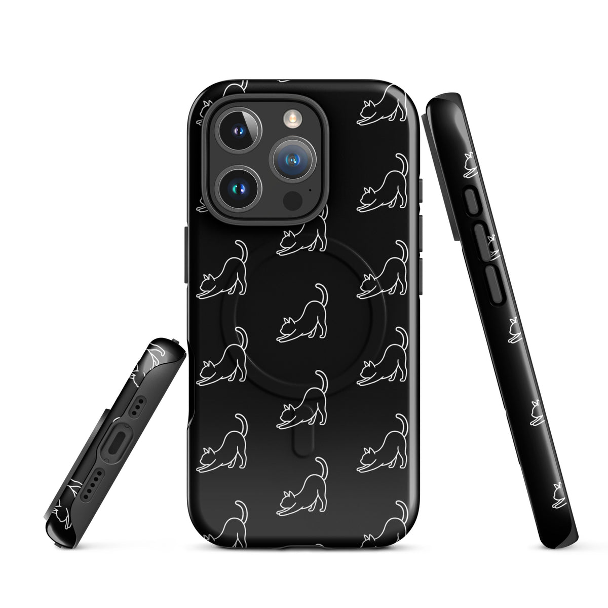Magnetic Phone Case with minimalist stretching cat pattern in black and white for iPhone, perfect for modern cat lovers.