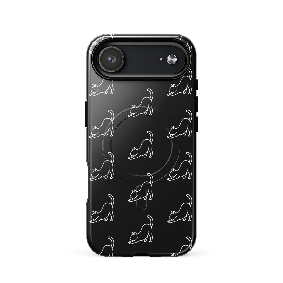Black and white Magnetic Phone Case with minimalist stretching cat pattern for iPhone.