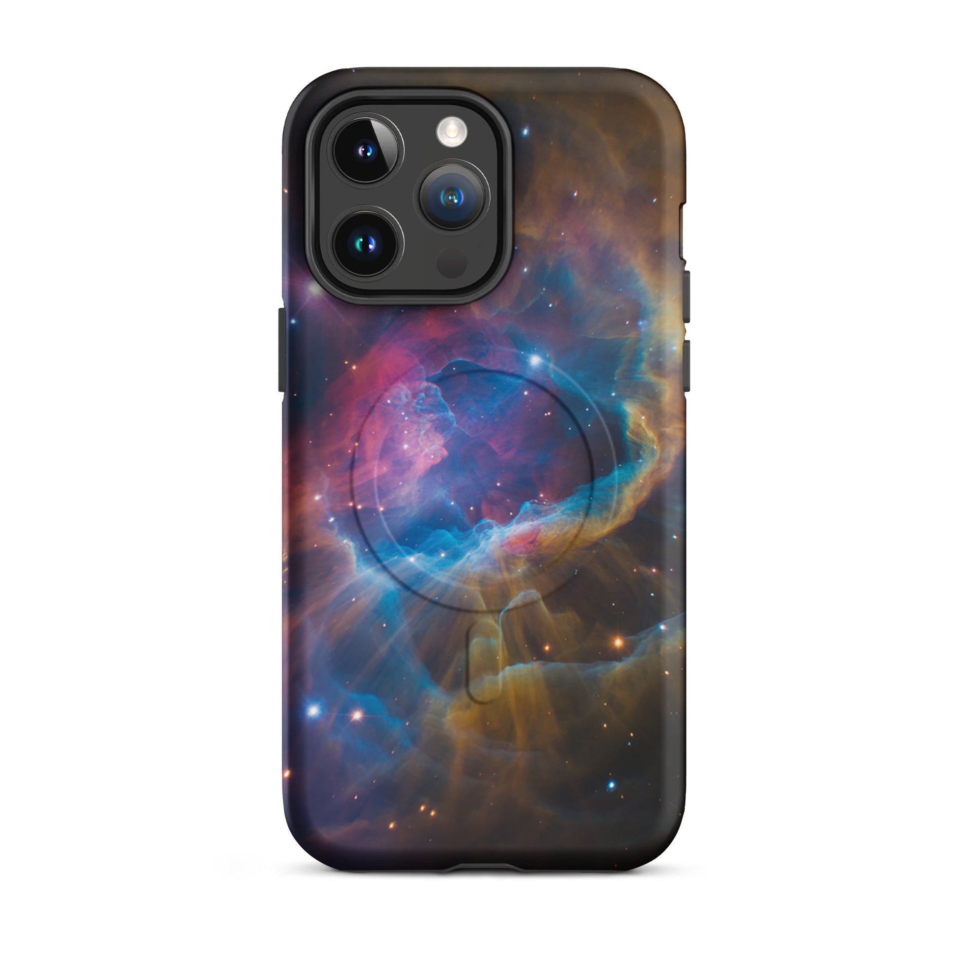 Magnetic Phone Case for iPhone with nebula design in blues and oranges, cosmic starburst pattern accessory.