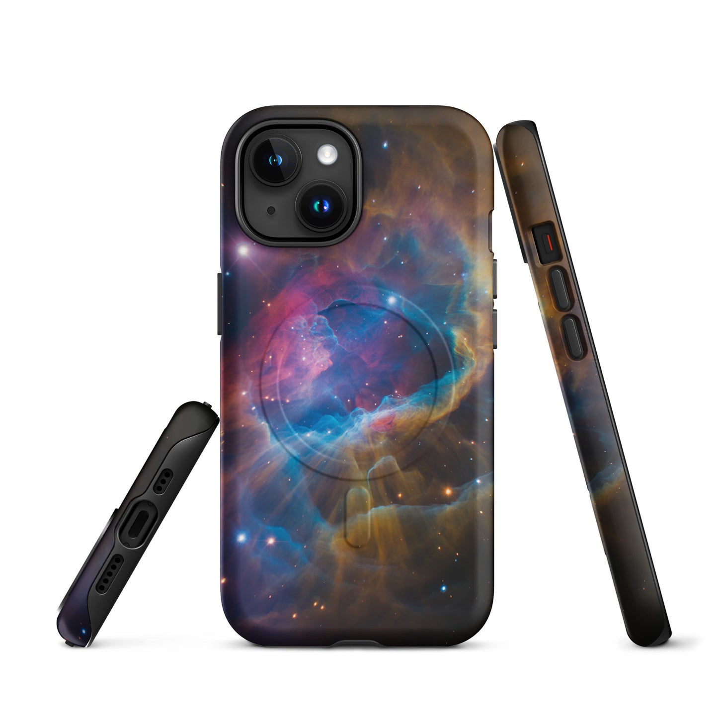 Magnetic Phone Case for iPhone with cosmic nebula design, featuring electric blues and fiery oranges.