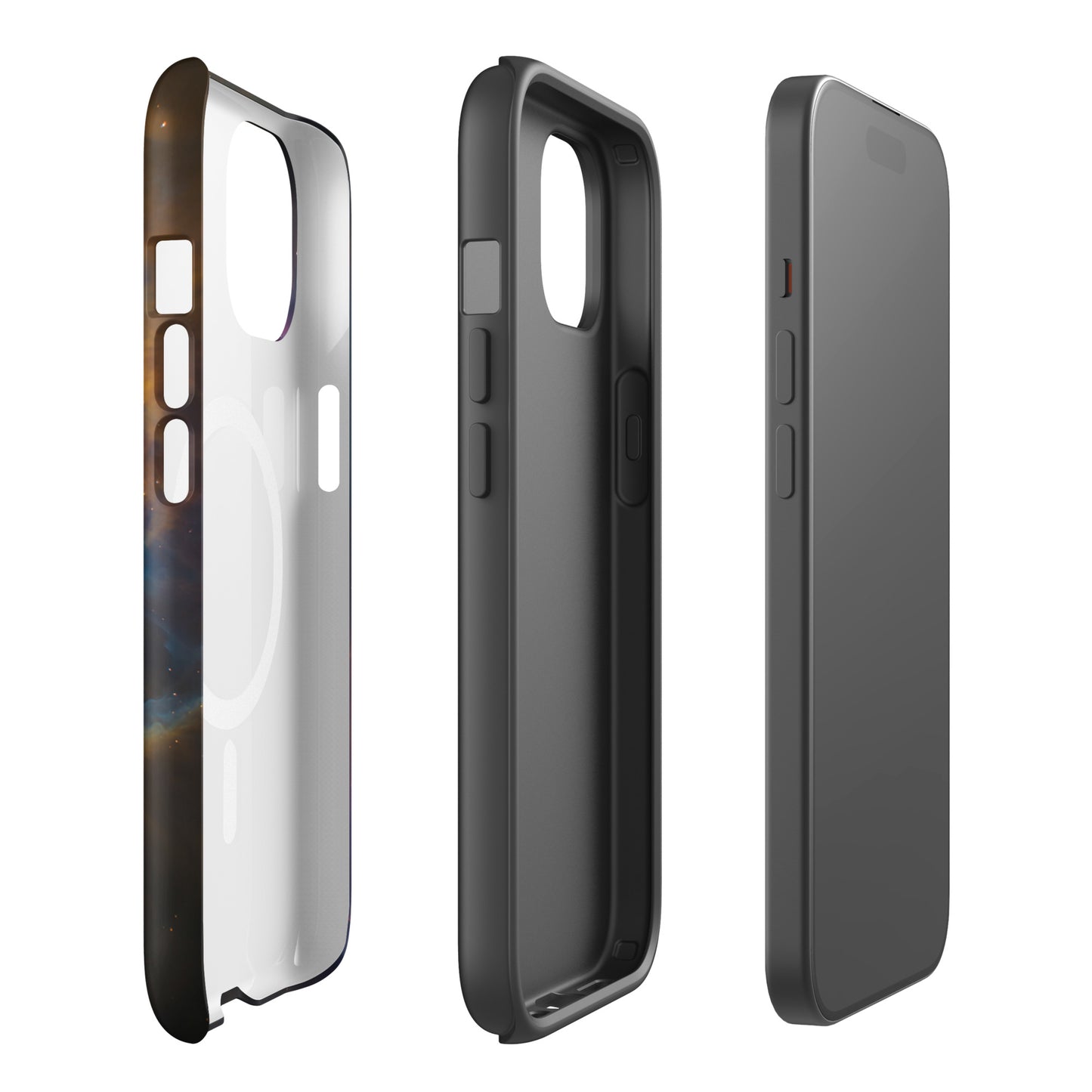 Magnetic Phone Case for iPhone featuring a cosmic nebula design with blues, oranges, and pinks, shown in three angles.